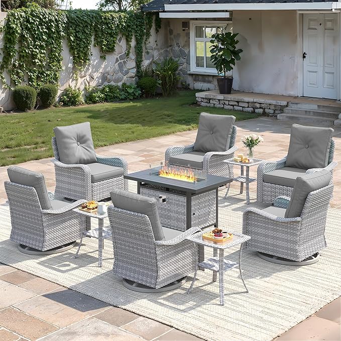 10-Piece Outdoor Conversation Set with 43" Fire Pit Table, 6 Swivel Rocking Chairs (4" Cushions) & 3 Side Tables, All-Weather PE Rattan & Steel Frame for Porch, Deck, Backyard, Grey