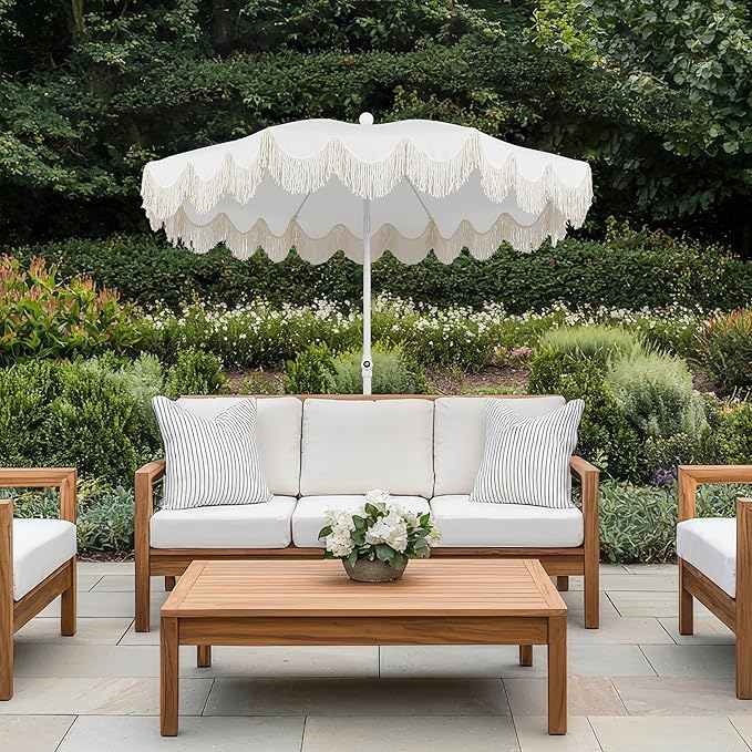 JONATHAN Y Mariner 6.5 ft. Beach Umbrella, Solid White with Fringe, Push-Button Tilt, UPF 50+ Sun Protection and Carrying Bag for Patio and Pool, White Pole UMB1005A