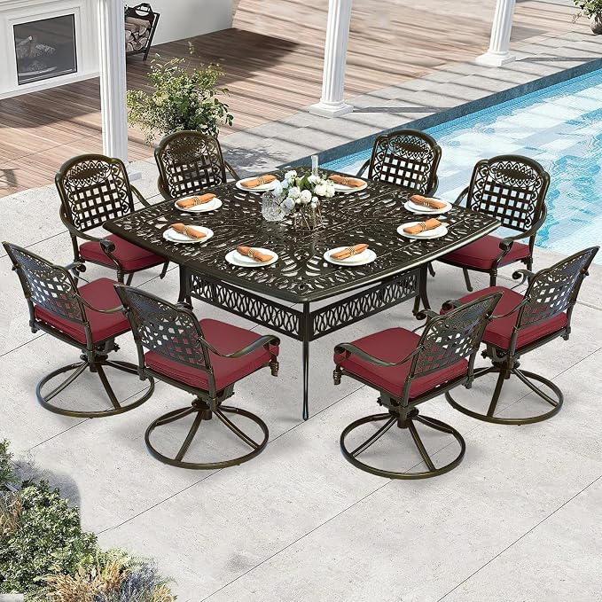 9 Piece Outdoor Patio Dining Set for 8, Cast Aluminium Large Square Dining Table & 4 Swivel Rocker Chairs, 4 Stationary, 8 Cushions, Umbrella Hole, Patio Furniture Set for Garden, Chili Red