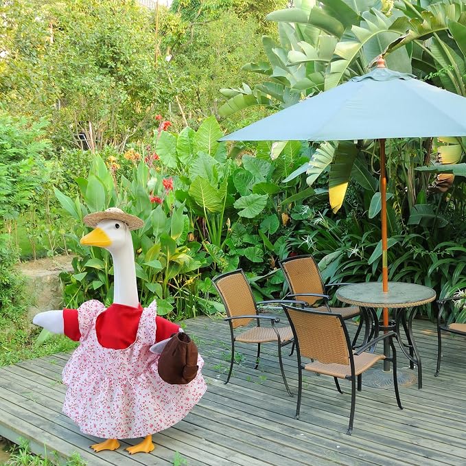 Gardener Porch Goose Outfit for 23 Inch Cement Plastic Statue, Spring Summer Goose Clothes Costume with Hat and Garden Accessories for Outdoor Yard Lawn Patio Decor