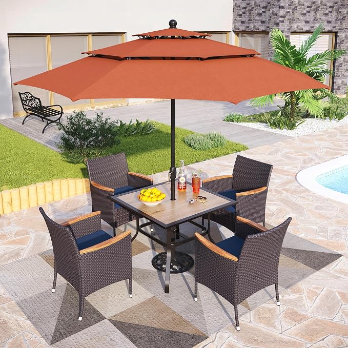 PHI VILLA 5pc Patio Dining Set with Umbrella, Square Table, Rattan Chairs | 37" Wood-like Metal Table, Cushioned PE Rattan chairs, 10ft Red 3 Tier Auto-tilt Umbrella (Base Not Included)