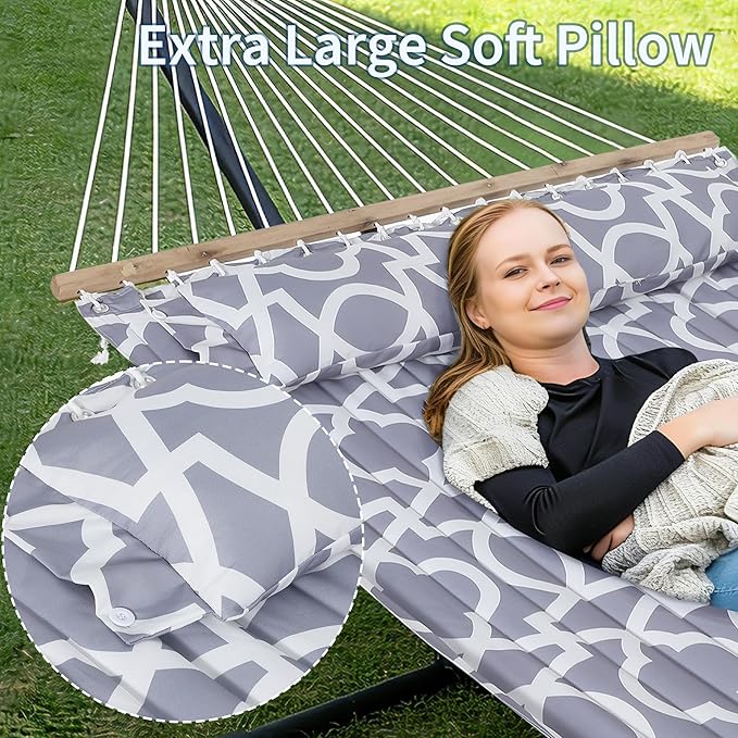 GAOMON Double Hammock with Stand, 475 lb Capacity, Adjustable Portable Hammock Chair with Sturdy Steel Frame, Thick Rope, Quilted Pillow and Carrying Bag Suitable for Backyard, Camping or Outdoor