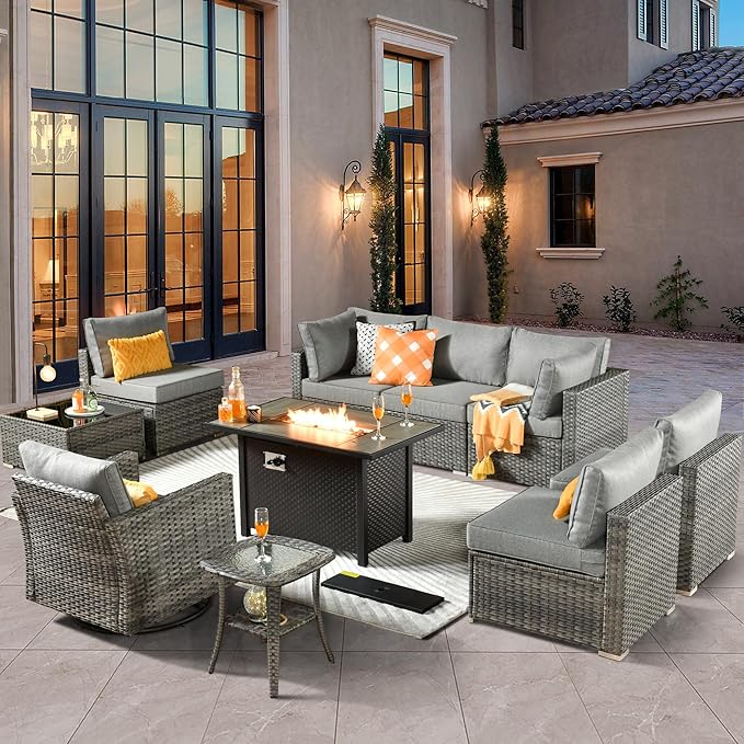 ovios 10 Piece Outdoor Patio Furniture Set with Fire Pit Table,Conversation Sectional Wicker Couch with Swivel Chairs,Modern Outside Sofa for Balcony Backyard, Dark Grey