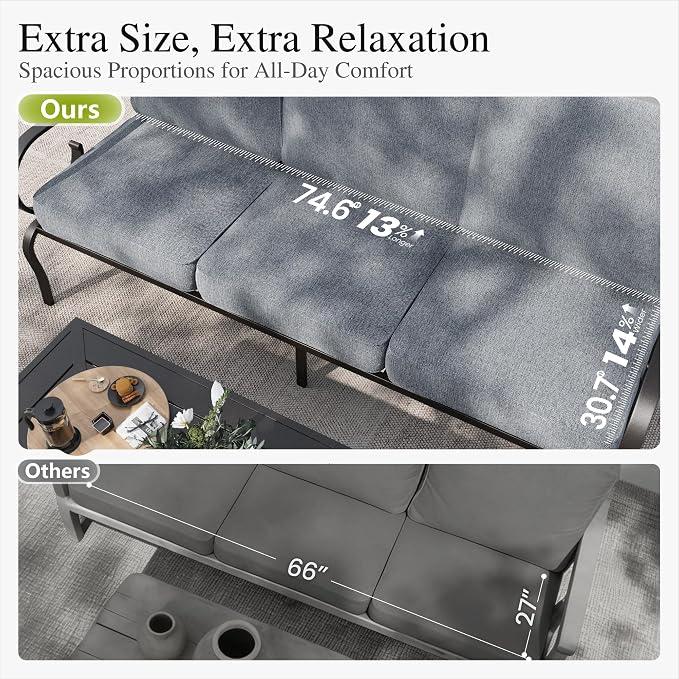 Sophia & William Patio Conversation Set for 5, 3-Seater Sofa, 2 Rocking Chairs and a 45" Fire Pit Table, Metal Outdoor Furniture with 5.75" Extra Thick Cushions, Grey