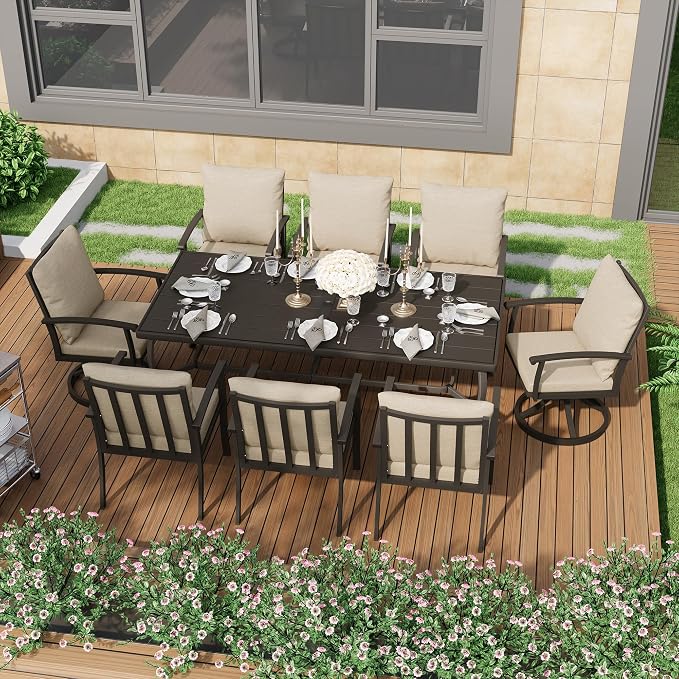 HAPPATIO Aluminum 9 Piece Patio Dining Sets, Outdoor Dining Set for 8, Patio Furniture Sets, 2 Swivel Dining Chairs, 6 Dining Chairs, Aluminum Furniture Set for Patio, Yard (Black)