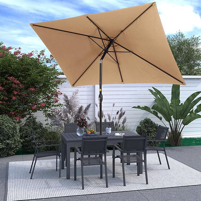 FansaFurn 6.5 x 10 Ft Rectangular Patio Umbrella Aluminum Pole, Outdoor Table Market Umbrella with Crank, 6 Steel Ribs, Polyester Canopy.EU03