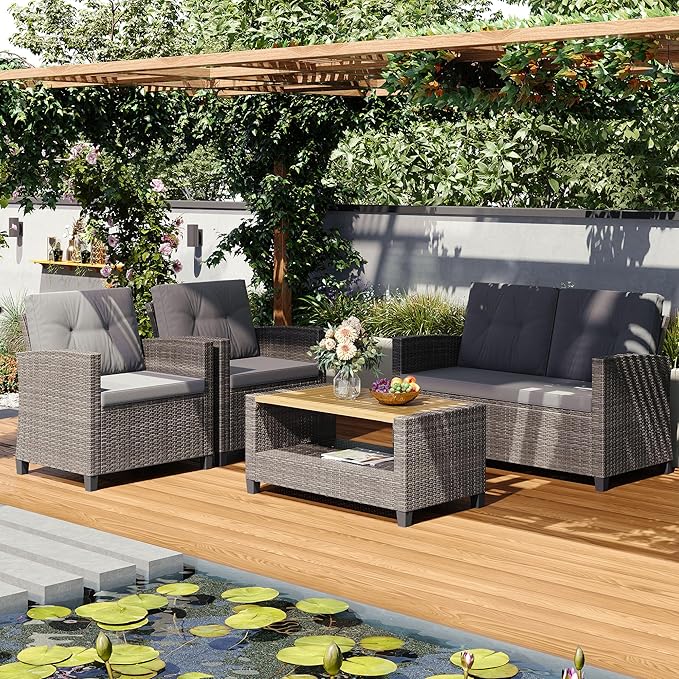 Green4ever Patio Conversation Sets, Wicker Outdoor Patio Furniture Set, 4 Pieces All Weather Rattan Patio Sofa with Wood Coffee Table and Thick Cushions, Grey