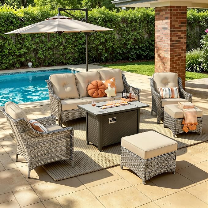 6 Piece Patio Furniture Set with Fire Pit Table, Outdoor Wicker High Back Sofa Chairs Ottoman with Comfy Cushions, Modern Conversation Sets for Backyard Deck Garden Poolside, Beige