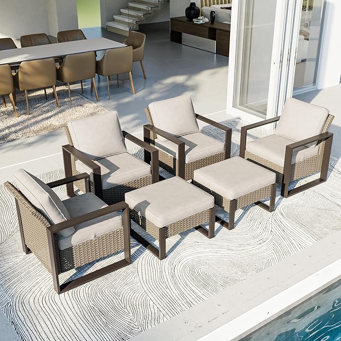 Outdoor Patio Furniture Set, 6 Piece Wicker Patio Conversation with Deep Seating, Thicken Cushions, Outdoor Club Chair, Metal Outdoor Furniture for Deck, Porch, Yard Use (Beige, 6 PCS/Chairs)