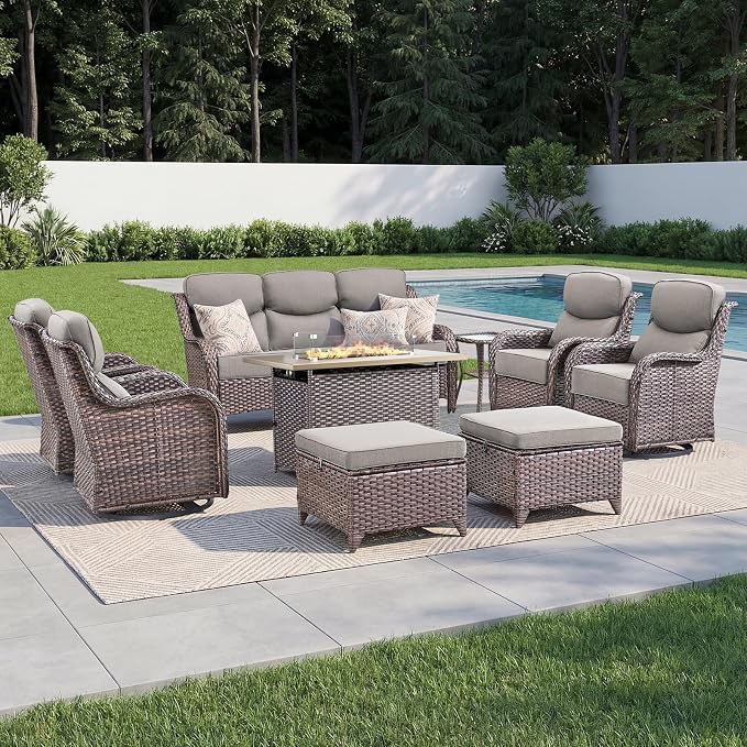 Luxury Patio Furniture Set with 6-inch Thick Cushion, Outdoor Furniture with Fire Pit Table, Swivel Chairs, Sofa, Side Table, Ottomans, 9pcs Wicker Conversation Set(Brown Wicker/Grey Cushion)
