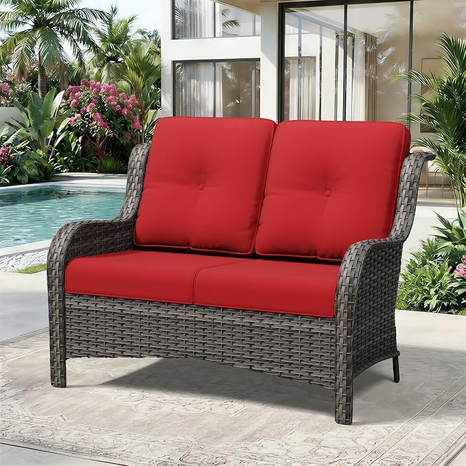 Wicker Patio Loveseat, 2 Seat Outdoor Couch with Thickened Olefin Cushions, High Back and Deep Seating, Hand-Woven PE Rattan for Porch, Deck, Balcony