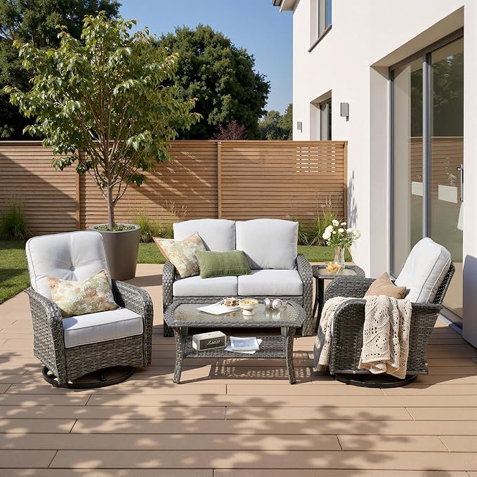 5-Piece Patio Furniture Set, Outdoor Wicker Furniture with Coffee Table, High Back Swivel Rocker Patio Chairs, Modern Rattan Outdoor Chairs Conversation Set for Porch, Balcony, Garden, Grey