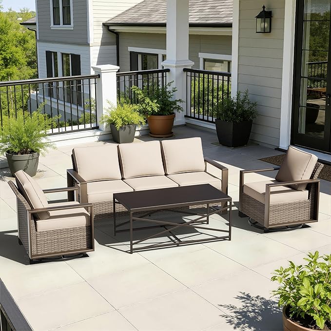 4 Pieces Patio Furniture Set with Wicker 75" Sofa, Two Swivel Rocker Chairs, One Coffee Table, Outdoor Conversation Furniture Set with Metal Armrest & Removable Cushions for Deck, Beige