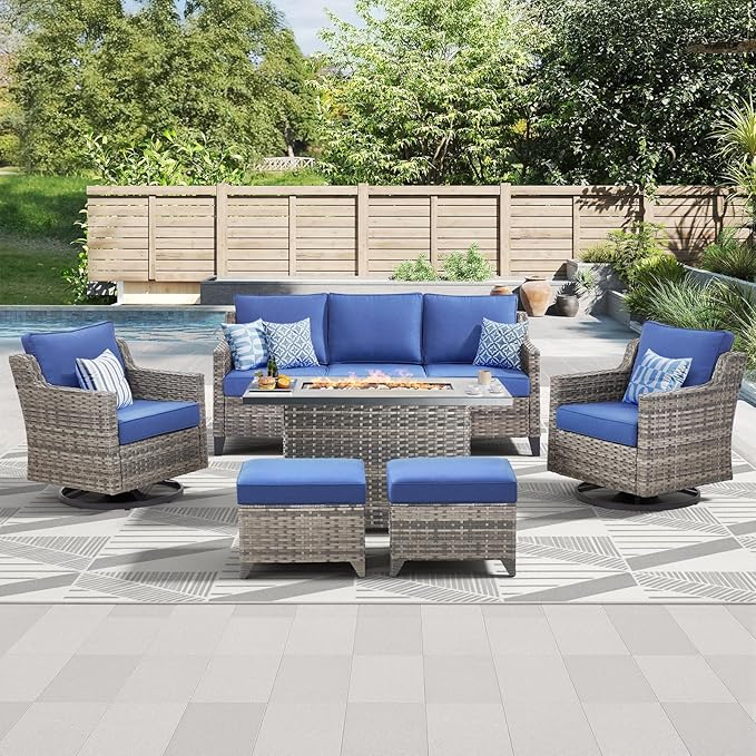 Patio Furniture Set with 42.5" Fire Pit Table-6 Pieces All Weather Wicker Outdoor Furniture with High Back Swivel Patio Chairs Set of 2 Outdoor Couch for Deck Backyard Blue/Gray