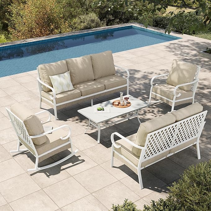 HERA'S HOUSE 5 Piece Metal Patio Furniture Set, 7 Seats All Weather Outdoor Conversation Set, 3 Seat Sofa with Loveseat, 2 Rocking Chairs, Coffee Table for Backyard, Garden, Deck, White/Beige