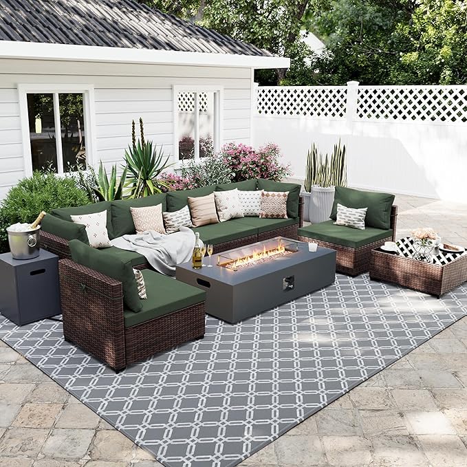 UPHA 9 Pieces Patio Furniture Sets, Wicker Outdoor Sectional Sofa Couch with Rectangle Propane Pit for Deck Backyard Garden, Brown Rattan, Pine Green Cushion