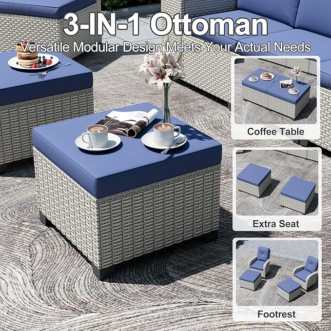 12-Piece Outdoor Patio Furniture Set with Fire Pit, Modular Sectional Sofa Set with Swivel Rocker Chairs & Ottomans, Wicker Outdoor Couch Conversation Sets w/Coffee Table and Cushions, Blue