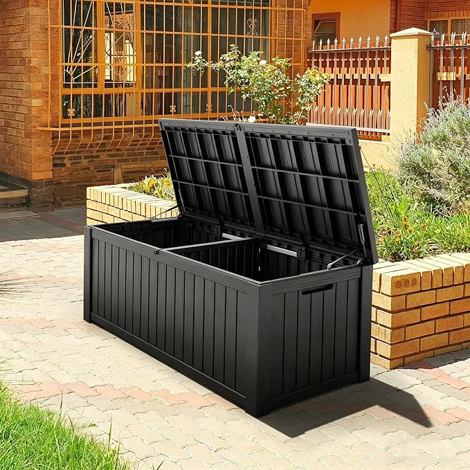Fancyango 200 Gallon Outdoor Deck Box Waterproof, Large Storage Box for Patio, Resin Storage Bench Lockable for Garden Tools, Package Delivery, Black