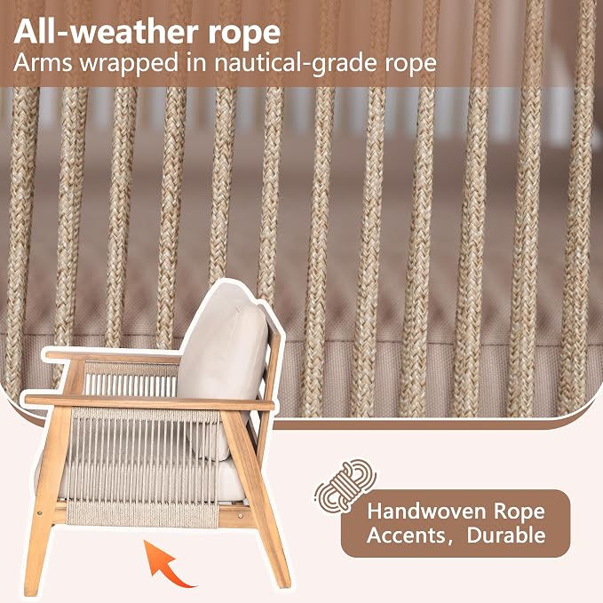 VilroCaz Outdoor 4-Piece Acacia Wood and Rope Sectional Patio Sofa Set, All-Weather Conversation Set with Coffee Table and Water-Repellent Cushions for Garden Backyard Balcony
