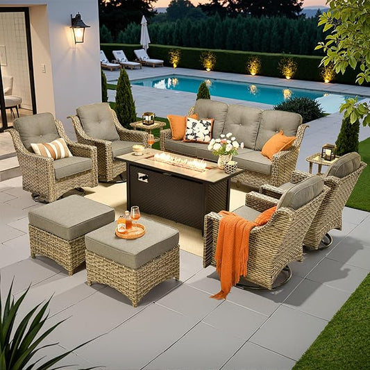 10 PCS Outdoor Patio Furniture Sets, Patio Conversation Sets Outside Rattan Soft Cushion Sofa with 4 Wicker Rocking Chairs & 54 in Fire Pit Table Fit Backyard Porch Garden Poolside Balcony,Dark Grey