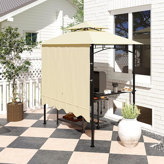 Outsunny 8' x 7.6' Grill Gazebo, Double Tiered Outdoor BBQ Gazebo with Side Awning, 2 Side Shelves and 6 Hooks for Patio, Deck, Yard, Beige