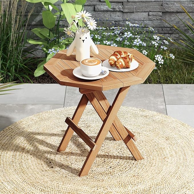 RELAX4LIFE Folding Outdoor Side Table - Teak Wood End Table, Octagonal Coffee Bistro Table w/Slatted Tabletop, Portable Picnic Camp Table for Poolside Porch Garden, Foldable Small Patio Table