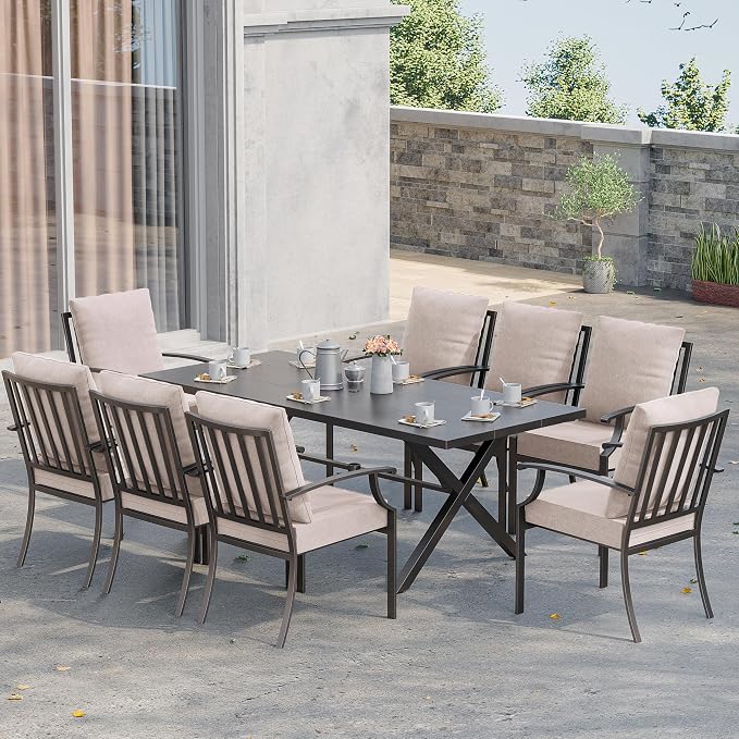 Kurapika 9 Pieces Patio Dining Set Outdoor Furniture with 8 Fixed Chairs, Metal Patio Furniture Set 8 Chairs and Large Table with Umbrella Cutout for Yard Porch, Sand