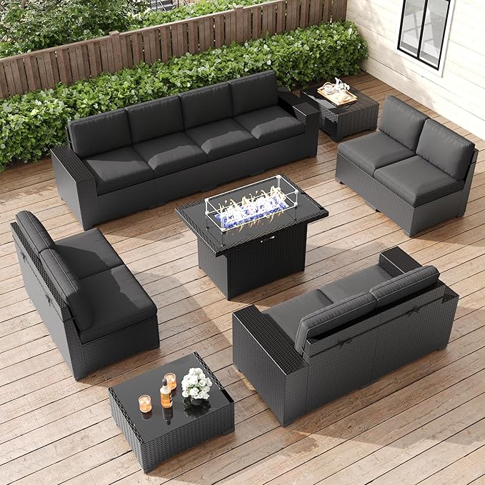 LayinSun 13 Pieces Patio Furniture Set with Fire Pit Table, Black Rattan Modular Sectional Patio Conversation Sofa Set