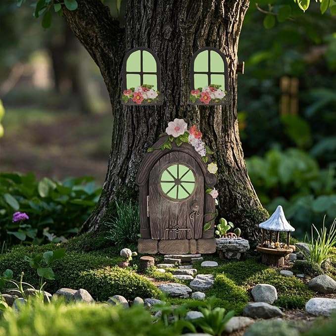 FESTGLOX Fairy Garden Door Windows for Tree Trunk Outdoor, Glow in the Dark | Fairy Garden Miniature Accessories for Tree, Resin Fairy House Kit with Fairy Lantern for Gnome, Yard, Lawn, Garden Decor