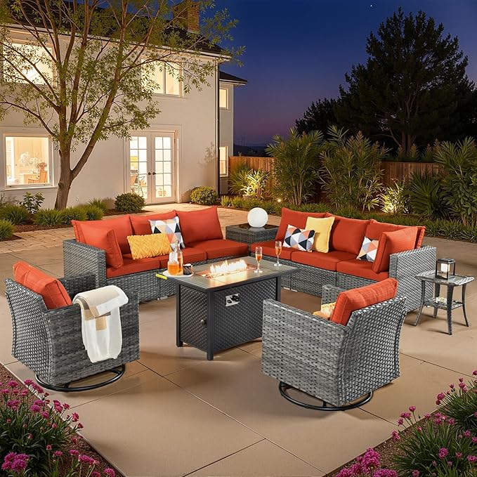 11 PCS Outdoor Patio Furniture Sets with 42'' Fire Pit Table,Wicker Weather Resistant Patio Conversation Set with 2 Wicker Rocking Chair,Modular L Shaped Sofa with Coffee Table for Yard,Orange Red