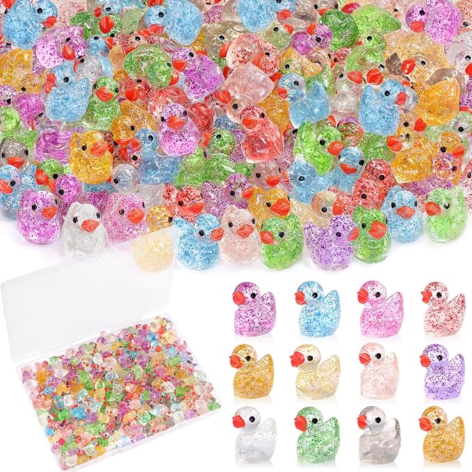 TINKRSTUFF 120PCS Mini Resin Animals Cute Colorful Glitter Tiny Ducks, Miniature Resin Figures to Hide, Little Animal Accessories Bulk for Topper Garden Dollhouse Landscape Aquarium Ornament DIY Craft