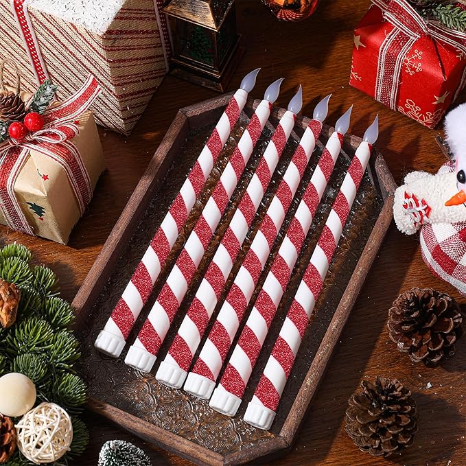 6PCS Christmas Flameless Taper Candles - Candy Cane Red and White Stripes Flickering Battery Operated LED Candles for Xmas Centerpiece Holiday Party, Wedding, Winter Home Decoration