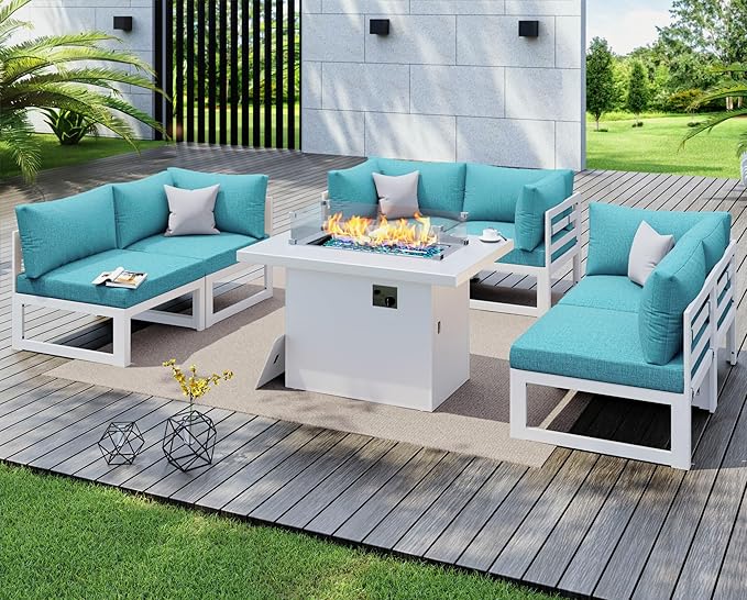 NICESOUL 6 Person Modern Aluminum Outdoor Patio Furniture Set with Fireplace, 29" Wide Deep Seating, Fade & Water Resistant L Shaped Sectional Couch, Large Conversation Set for Backyard Terrace, Teal