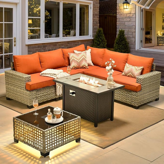 HOOOWOOO Sectional Patio Furniture Set with Fire Pit Table,7 Pieces Wicker Outdoor Furniture L Shaped Couch,Outside Conversation Set with Extra Deep Seat Sofa Wide Arm Solar Light Table,Brick Red