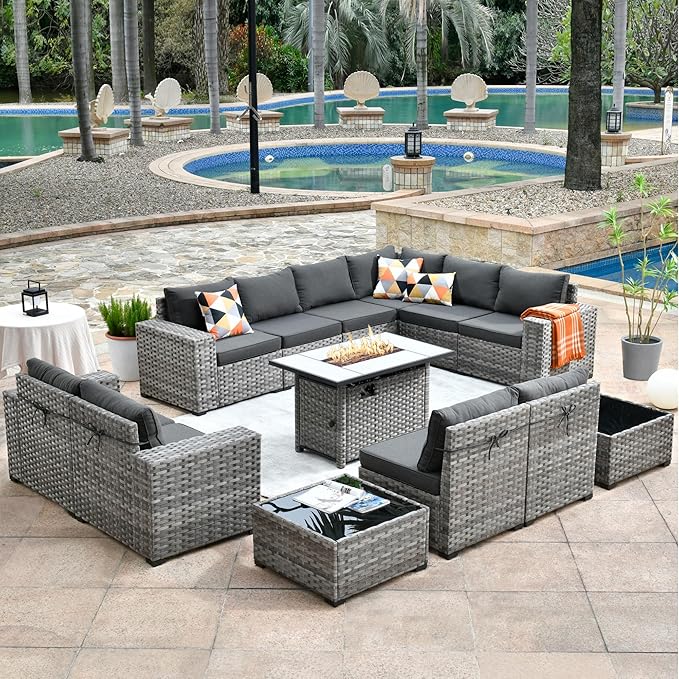 HOOOWOOO Outdoor Patio Sectional Furniture Sofa Set with Propane Fire Pit Table,13 Piece Large Modern Wicker Couch with Widened Armrest,Modular L Shaped Conversation Seating Set(Black)