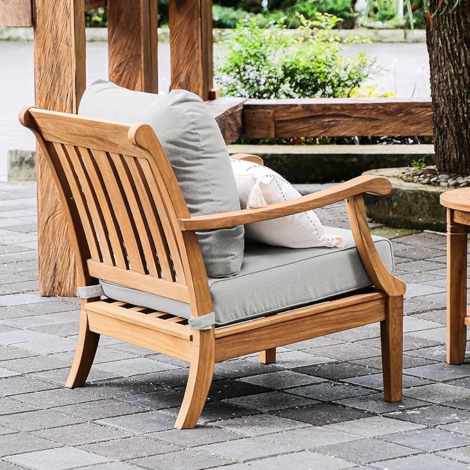 Cambridge Casual Robin Teak Wood 3 Piece Patio Conversation Set with Oyster Cushion, Chat Set with Patio Club Chair and Side Table, Removable Cushion, Weather-Resistant, Perfect for Small Space
