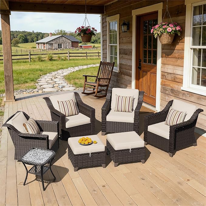 7 Pieces Patio Conversation Furniture Set - 2 Armchairs, 2 Ottomans, 2 Swivel Chairs, 1 Side Table, Outdoor Wicker Furniture with Removable Cushions for Porch, Balcony, Sunroom (Beige)