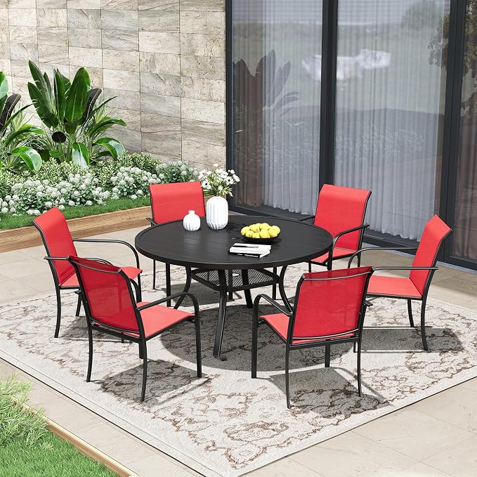 Patio Dining Table for 4-6, Round Metal Outdoor Table with 1.57" Umbrella Hole, 47" Outdoor Slat Tabletop Dining Table for Backyard, Porch, Lawn, Black