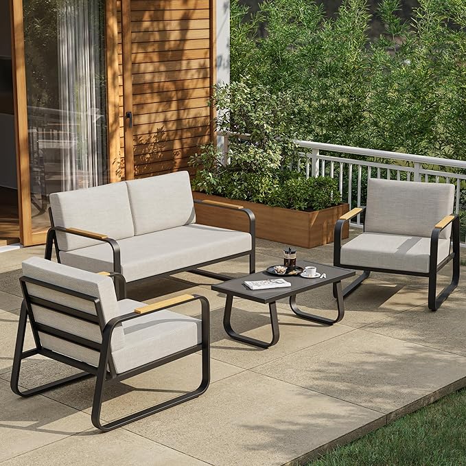 East Oak 4-Piece Patio Furniture Set, Outdoor Patio Set w/Removable & Washable Deep Seating Cushion, Outside Patio Conversation Sets for Backyard, New Upgraded Design, Dark Gray & Griege