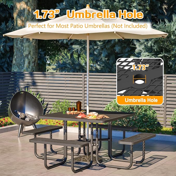 46" Iron Mesh Picnic Table with 1.73" Umbrella Hole Black | Rust & Heat-Resistant Square Outdoor Dining Table for Patio, Park, Backyard – All-Season Use, Safe Rounded Corners
