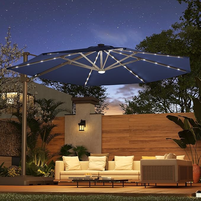 FLAME&SHADE 11ft Cantilever Patio Umbrella with Base, Round Offset Umbrella with Solar Light Strips, Large Heavy Duty Outdoor Aluminum 360° Rotation,for Deck,Pool,Backyard