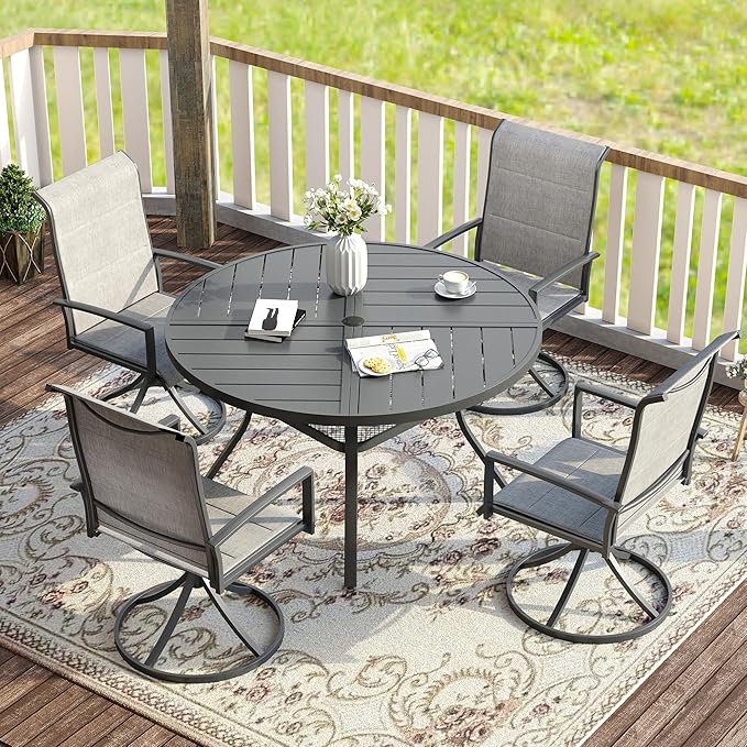 VICLLAX Patio Dining Set for 4, 4 Seats Outdoor Furniture Includes 40.7" Round Patio Table and Swivel Padded Chairs, Grey Tabletop and Grey Fabric