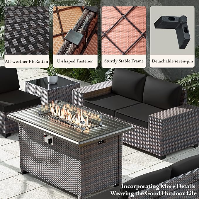 13 PCS Outdoor Patio Furniture Set,Outdoor Sectional Furniture with 43" 55000 BTU Gas Propane Fire Pit Table,All Weather PE Rattan Wicker Patio Conversation Set,Black