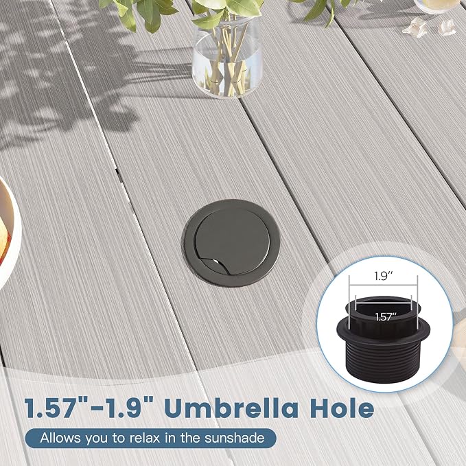 DIFY Outdoor Dining Table, Patio Square Metal Dining Table with 1.57" Umbrella Hole for 4 Person, Ideal for Poolside, Deck, Garden and Balcony, Grey Wood-Like