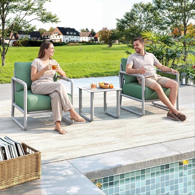 3-Piece Modern Aluminum Patio Sofa Set with Coffee Table, Deep Seating Conversation Set Featuring 6.5" Cushions, All-Weather for Garden, Balcony, Poolside (White)
