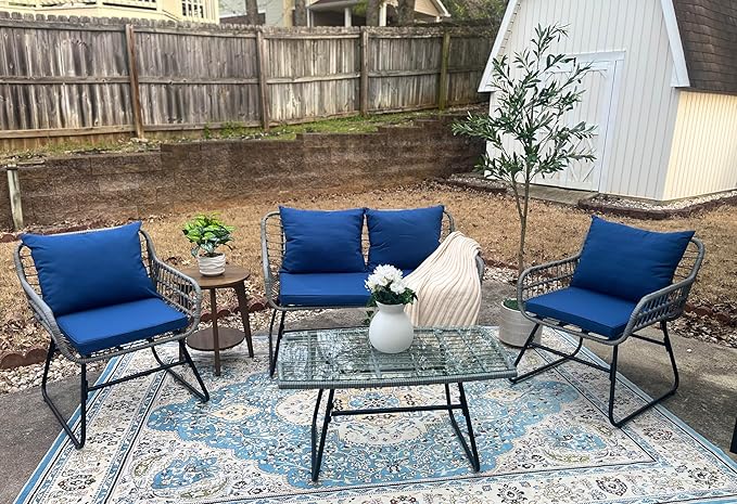 YITAHOME 4-Piece Patio Furniture Set, Wicker Outdoor Bistro Set, All Weather Rattan Patio Conversation Set with Soft Cushions and Glass Side Table for Backyard, Balcony, Deck - Navy Blue