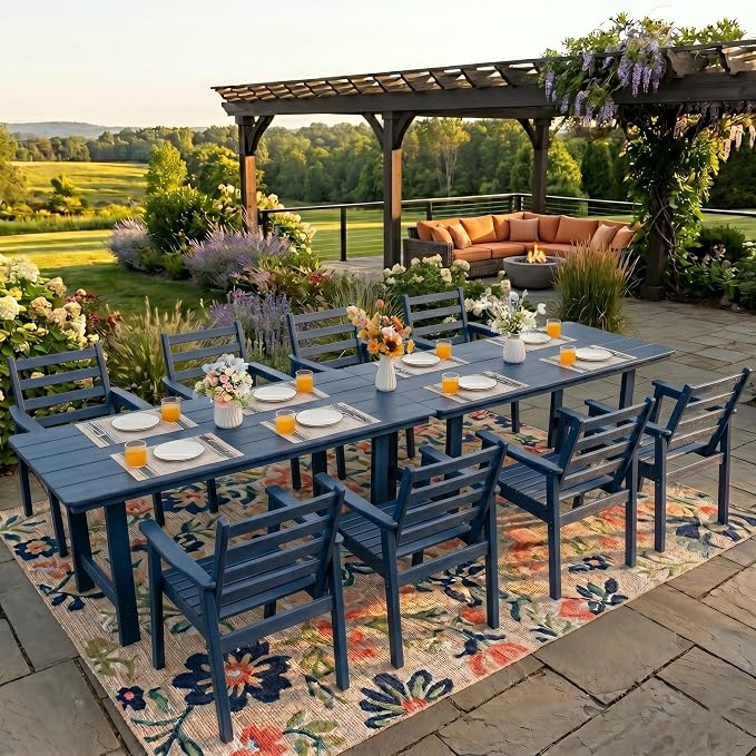 10-Piece Outdoor Dining Set, All-Weather HDPE Patio Furniture, Two 66.5" Slatted Table with 1.6" Umbrella Hole & 8 Ergonomic Armchairs, Heavy Duty 350lbs Capacity, UV Resistant, Blue