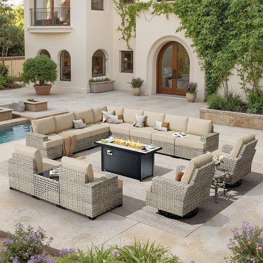 HOOOWOOO Sectional Patio Furniture Set with Fire Pit Table,15 Pieces Wicker Outdoor Furniture L Shaped Couch,Outside Conversation Set Extra Deep Seat Sofa Wide Arm Swivel Chairs Solar Light,Beige