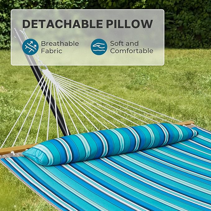 SUPERJARE Hammock with Stand, 2 Person Quilted Outdoor Hammock, Detachable Pillow & Bamboo Spreaders, Portable Hammock with Carrying Bag, Heavy Duty Stand, Perfect for Outside, Patio, Aqua Blue