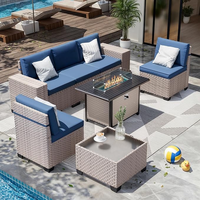 7-Piece Outdoor Patio Furniture Set with Fire Pit, Modular Sectional Sofa Set with Glass Coffee Table and Cushions, Wicker Outdoor Couch Conversation Sets, Blue